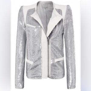 IRO Paris Silver Sequin "Hadley" Moto Blazer with White Leather